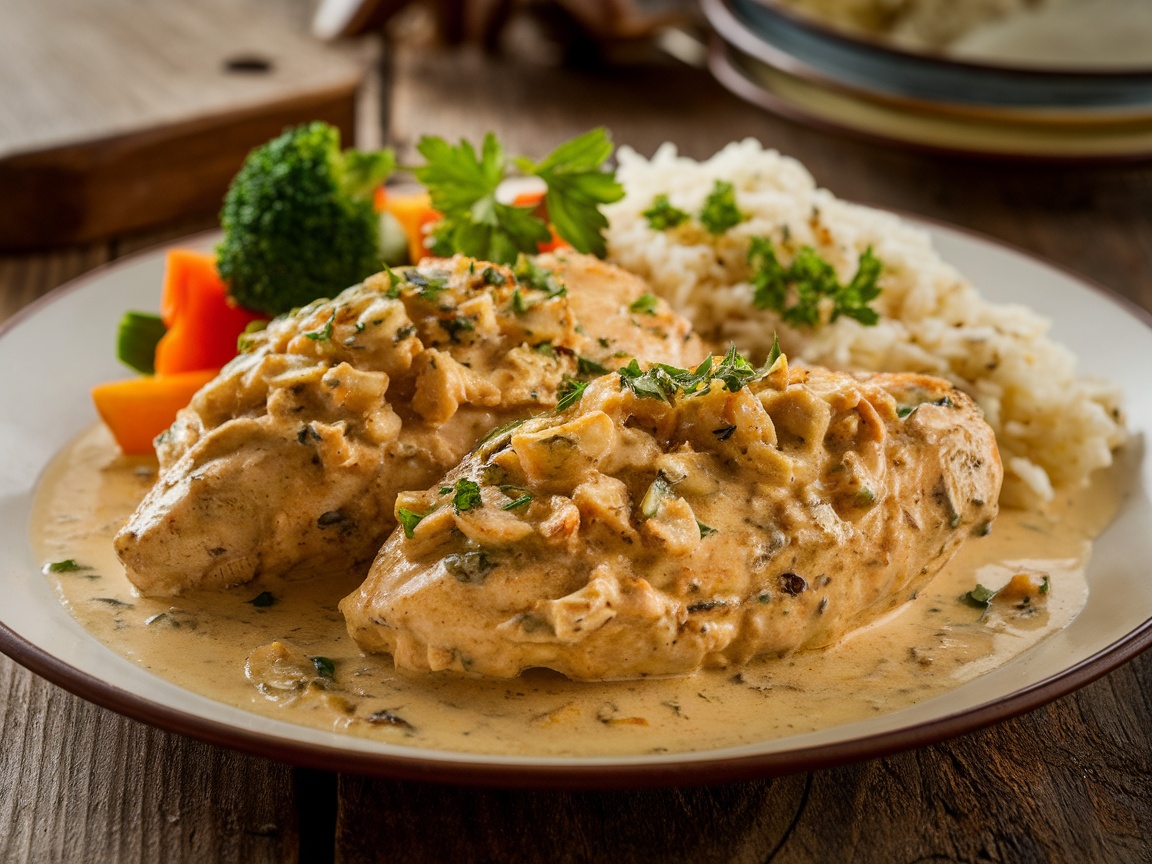 Creamy Garlic Chicken Recipe Creamy garlic chicken served with rice and vegetables, garnished with parsley.